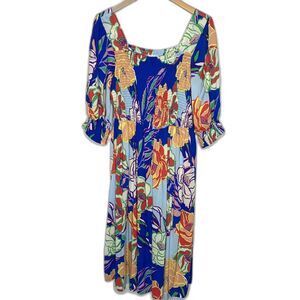 Oddy Hawaiian Tropical Floral Puff Sleeve Smocked Flowy‎ Dress 1XL